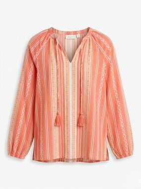 Striped Tassel Tie Peasant Top - Coral